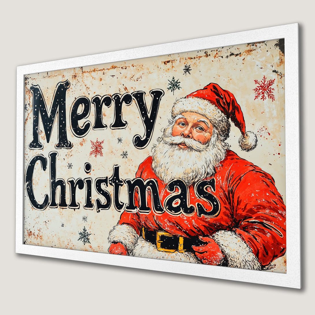 Framed Poster featuring Santa Claus, vintage style, with a red, black, and cream color palette for festive holiday decor.