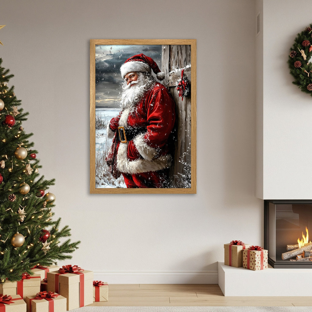Framed Poster featuring Santa Claus in a classic style, with a red and white color palette, perfect for Christmas decor.
