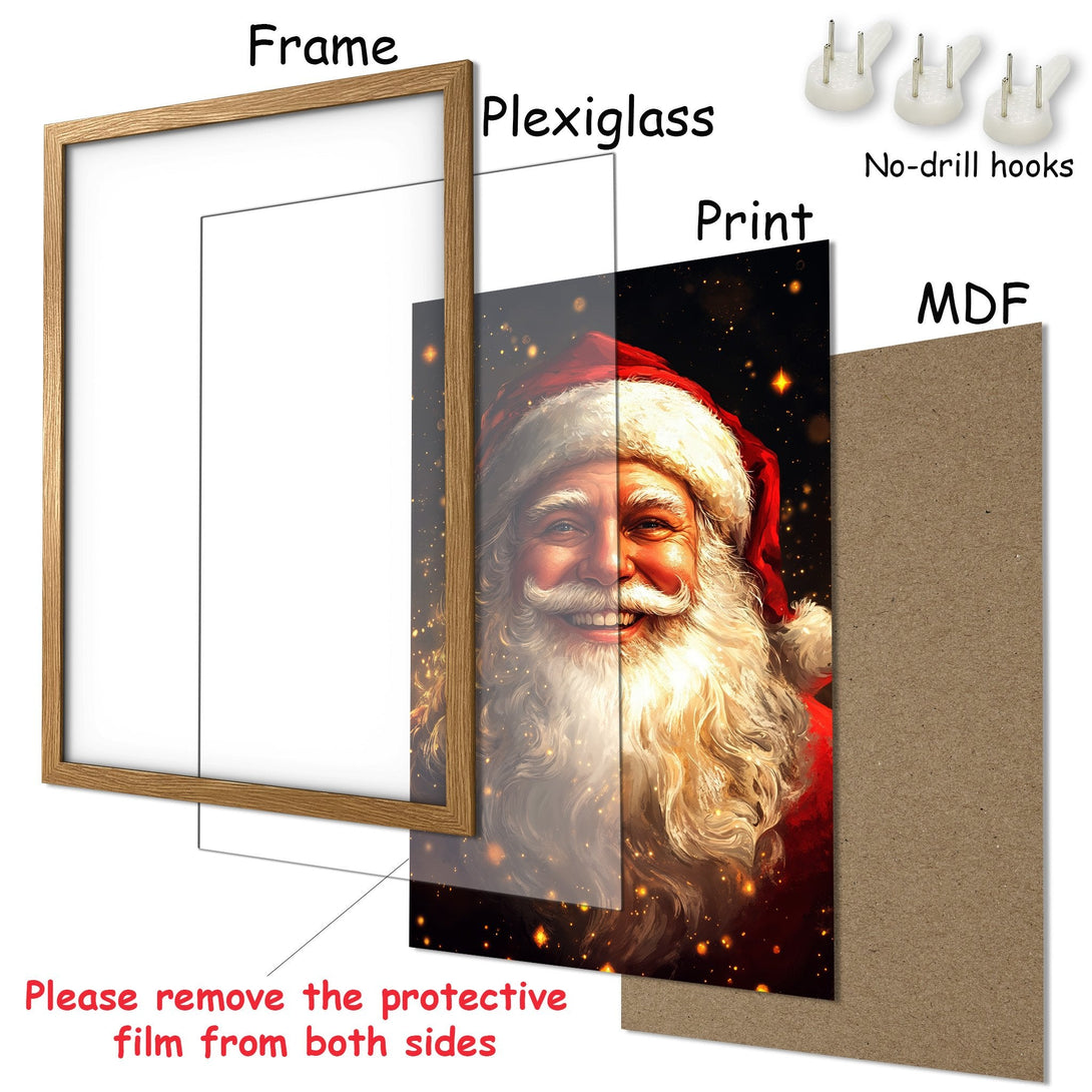 Framed Poster featuring Santa Claus in a warm, digital art style with red and gold hues. Perfect Christmas decor!
