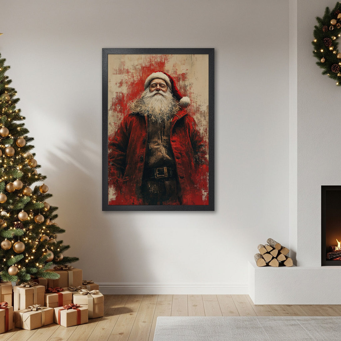 Framed Poster featuring Santa Claus in a red and beige palette, artistic style. Perfect Christmas decor!