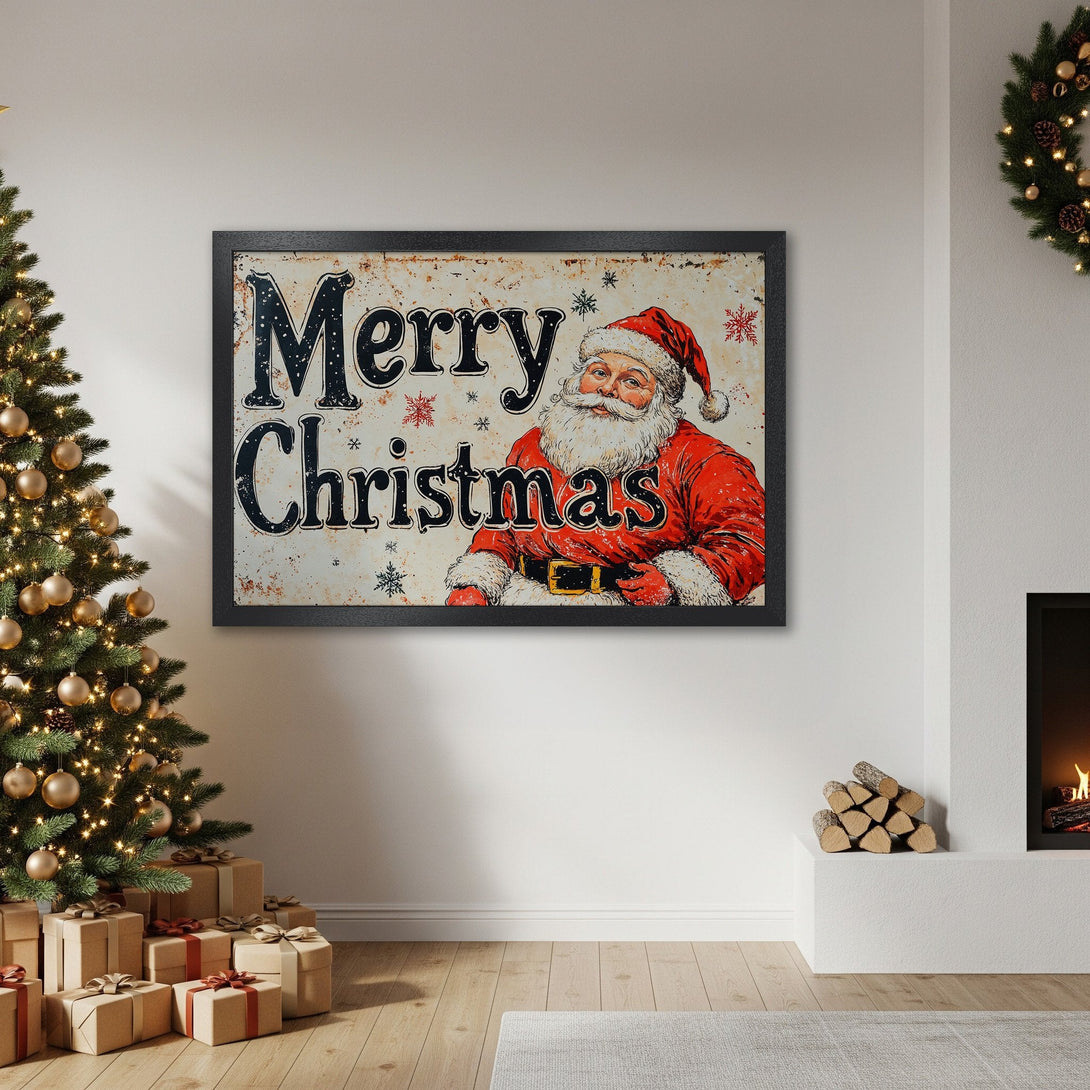 Framed Poster featuring Santa Claus with "Merry Christmas" in a vintage style, red and white color palette. Festive wall art.