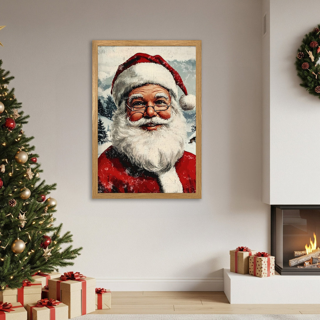 Framed Poster featuring Santa Claus in a vintage style, with a red, white, and neutral color palette. Perfect Christmas decor!