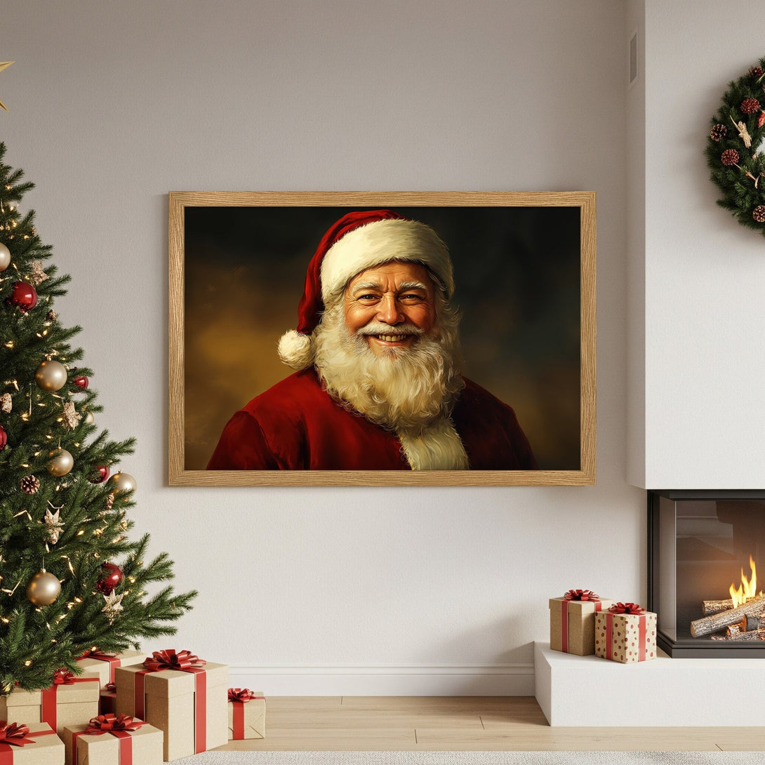 Framed Poster featuring Santa Claus portrait, warm colors, perfect Christmas decor.