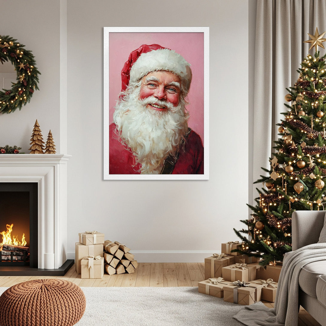 Framed Poster featuring Santa Claus portrait in a warm, festive style with a red and pink color palette, perfect for Christmas decor.
