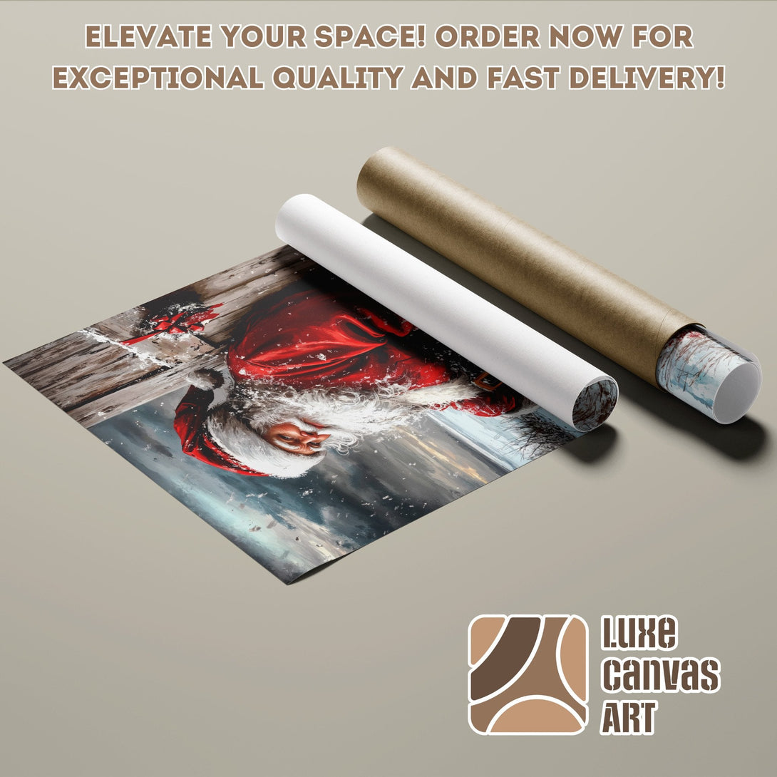 Santa Claus Poster Roll, winter scene in red, white, and blue color palette. Elevate your space!