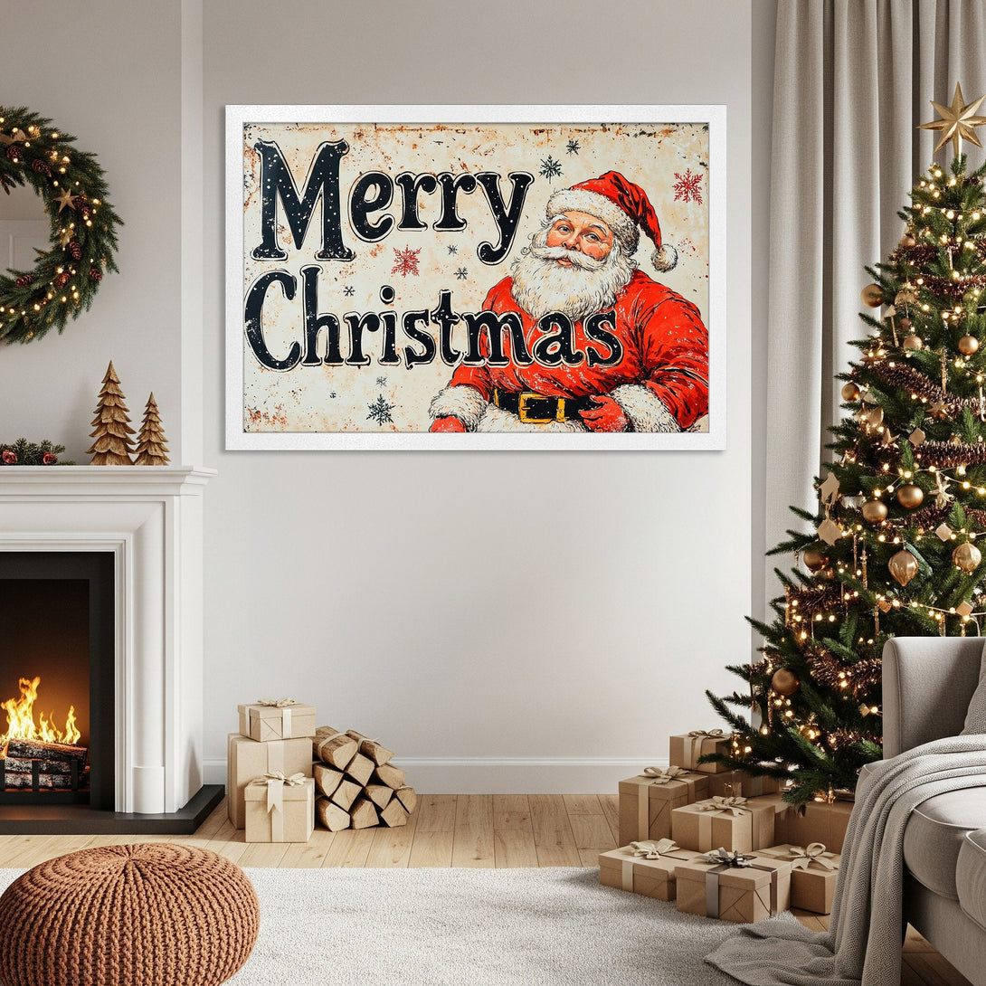 Framed Poster featuring Santa Claus, vintage style, red and cream color palette, perfect Christmas decor.