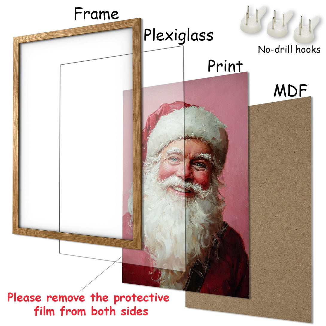 Framed Poster featuring Santa Claus portrait in a warm, painterly style with a pink and red color palette. Perfect holiday decor!