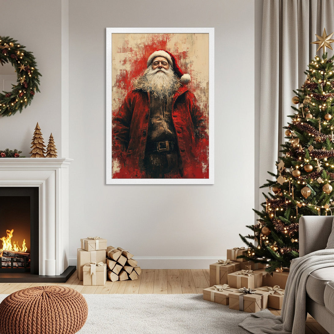 Framed Poster featuring Santa Claus in a bold, red and beige color palette. Perfect Christmas wall art!