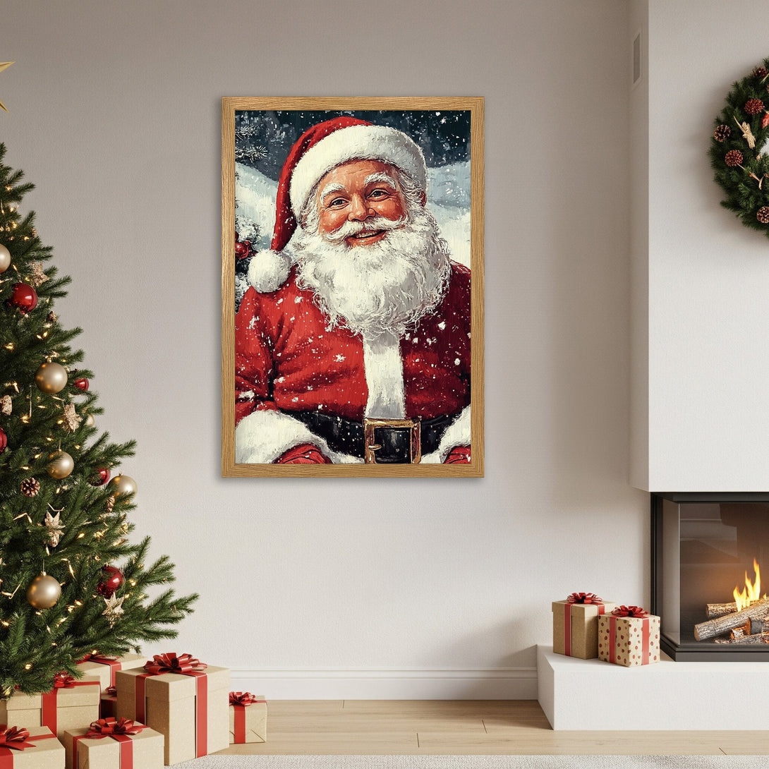 Framed Poster of Santa Claus in a vintage style, featuring a red, white, and beige color palette. Perfect Christmas decor!