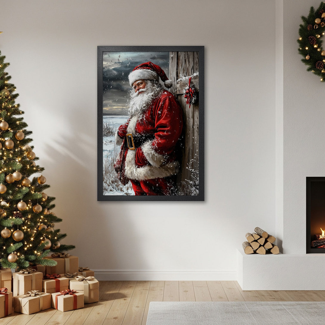 Framed Poster featuring Santa Claus in a winter scene, painted in a realistic style with a red, white, and blue color palette. Perfect Christmas decor!
