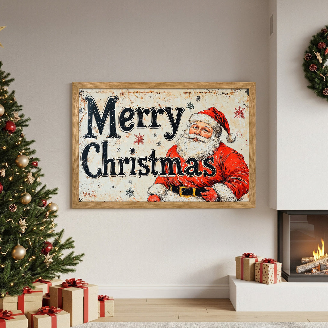 Framed Poster featuring Santa Claus, vintage style, red and cream color palette, perfect for Christmas decor.