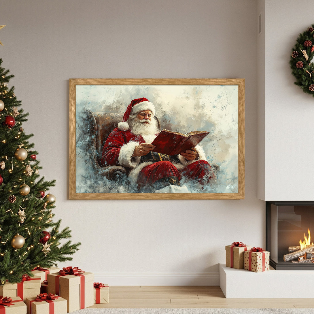 Framed Poster featuring Santa Claus reading a book, art style with red and blue tones, perfect Christmas decor.