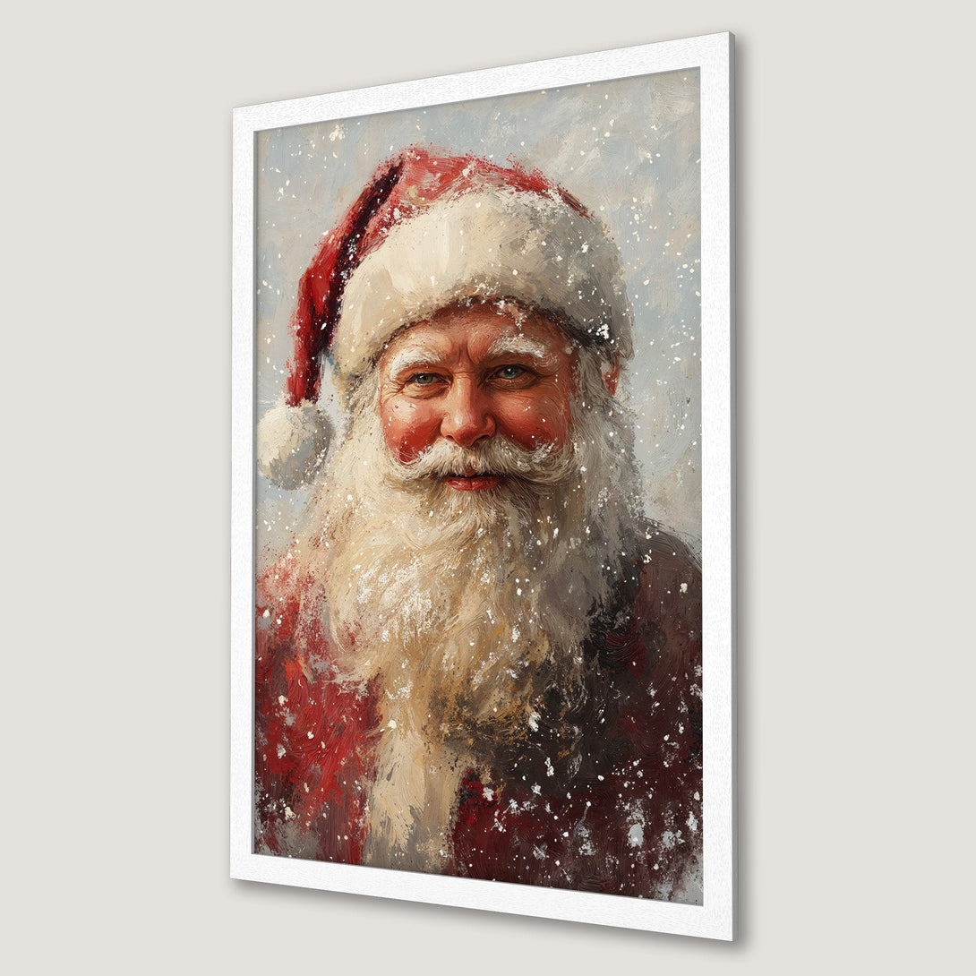 Framed Poster featuring Santa Claus portrait in an impressionistic style with red, white, and neutral tones. Festive holiday wall art.
