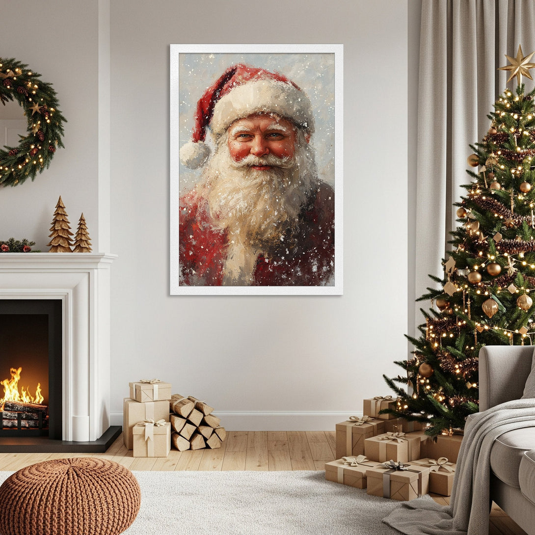 Framed Poster featuring a cheerful Santa Claus portrait in a painterly style, with a red and white color palette, perfect for Christmas decor.
