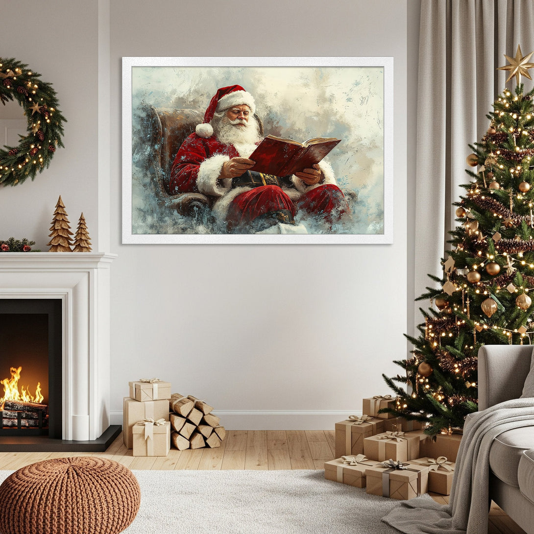 Framed Poster featuring Santa Claus reading, artistic style, warm red & neutral tones. Perfect Christmas decor!