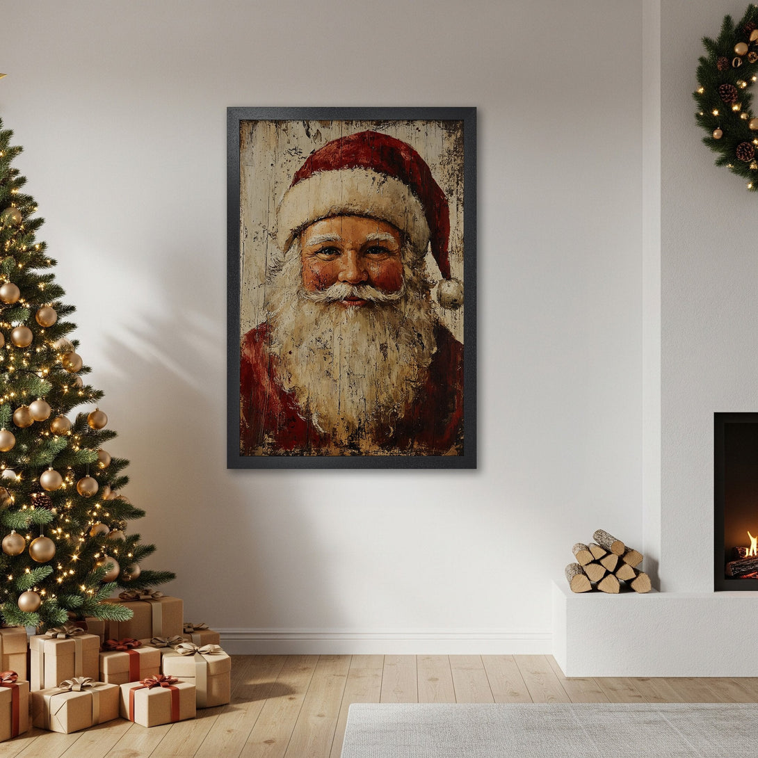 Framed Poster featuring Santa Claus portrait, rustic style, warm red & neutral color palette, perfect for Christmas decor.