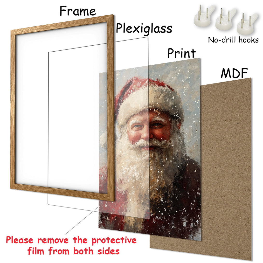 Framed Poster featuring Santa Claus art in a warm, festive color palette. Perfect Christmas decor.