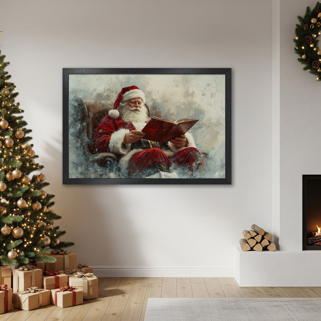 Framed Poster of Santa Claus reading, impressionist style, red & white palette, perfect for Christmas decor.