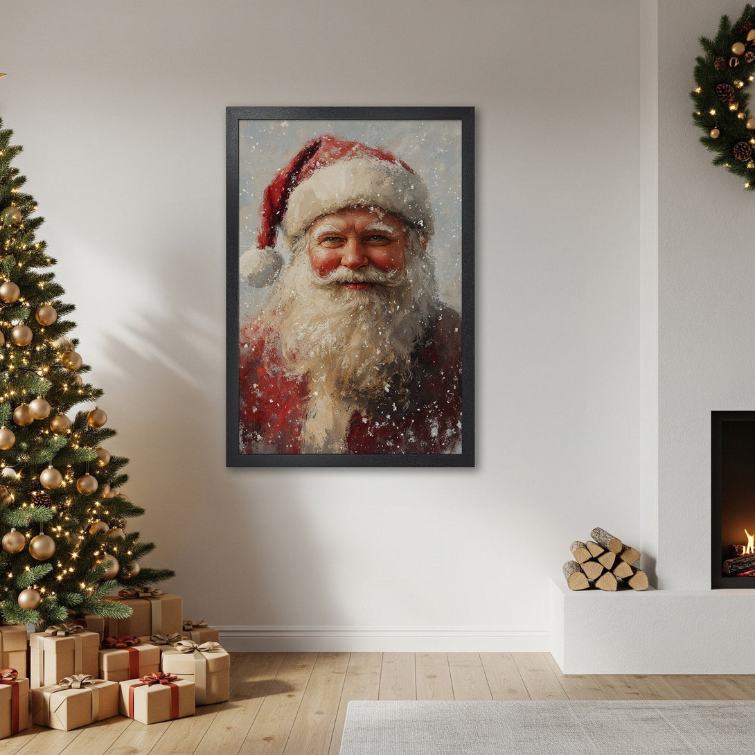 Framed Poster featuring Santa Claus in a painterly style with red and white hues, perfect for Christmas decor.