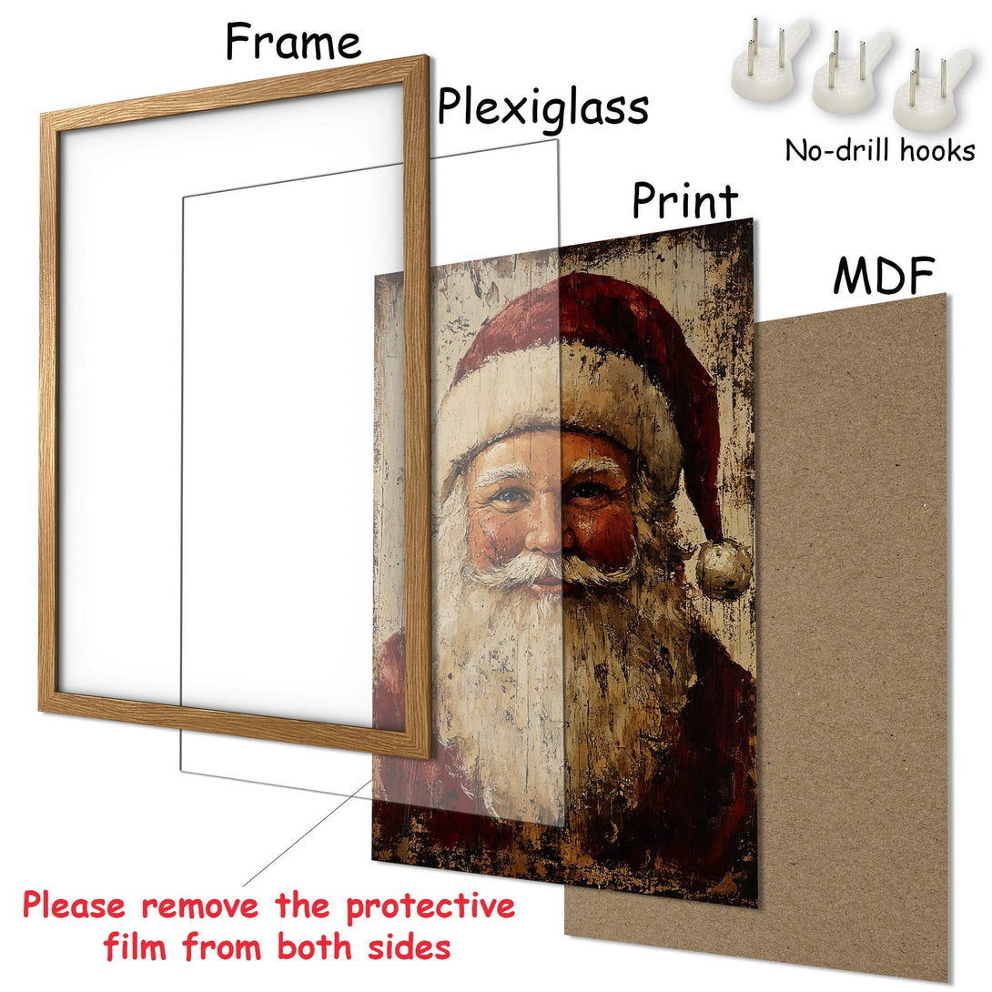 Framed Poster featuring Santa Claus in a rustic style, with a warm, earthy color palette. Perfect Christmas decor!