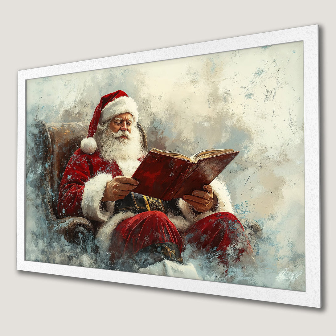 Framed Poster of Santa Claus reading a book. Artistic style with red, white, and neutral color palette. Perfect Christmas wall art!