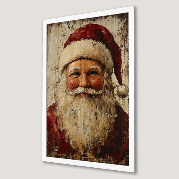 Framed Poster of Santa Claus in rustic style, featuring a warm red and beige color palette. Perfect Christmas decor!