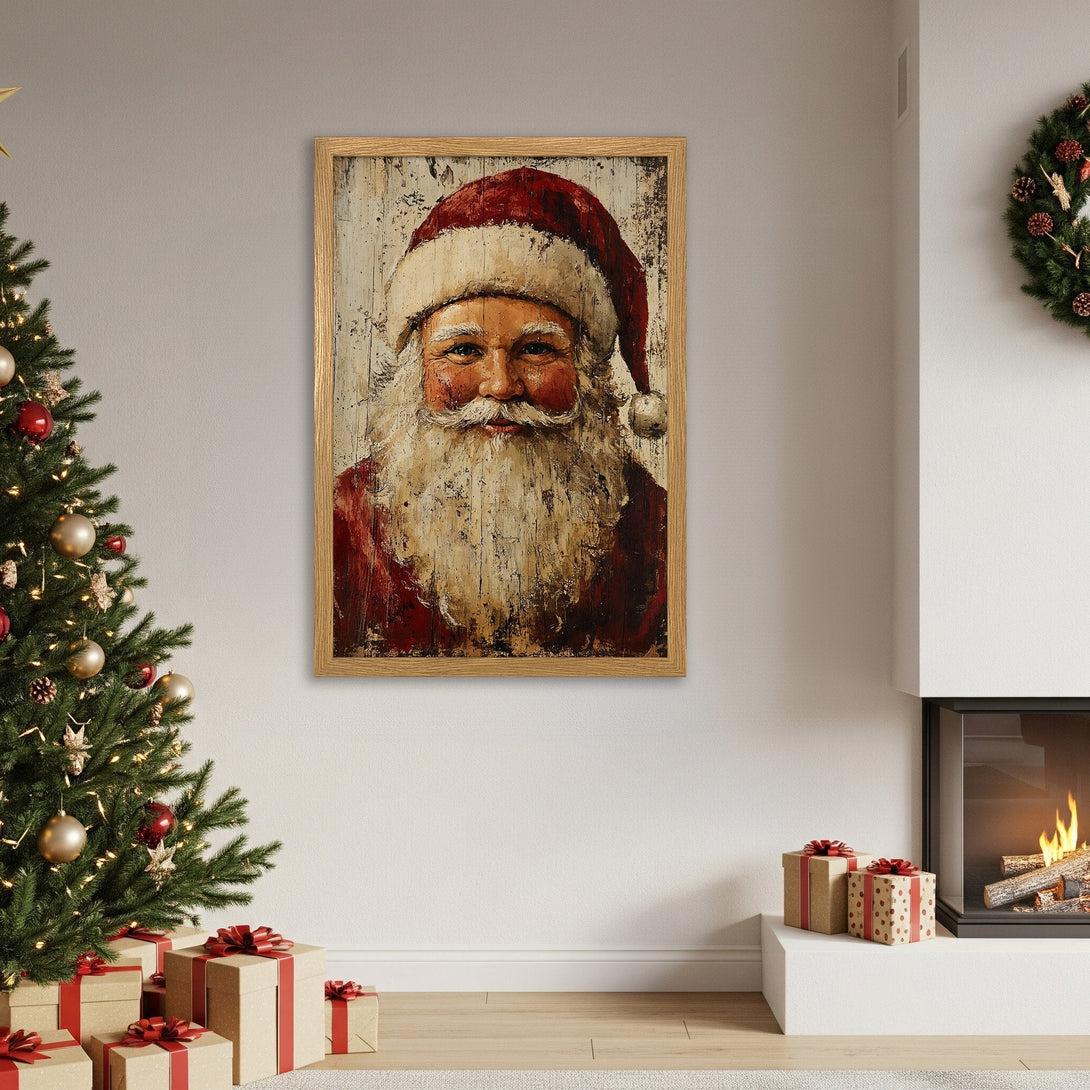 Framed Poster featuring Santa Claus portrait in rustic style, warm red and beige tones, perfect Christmas decor.