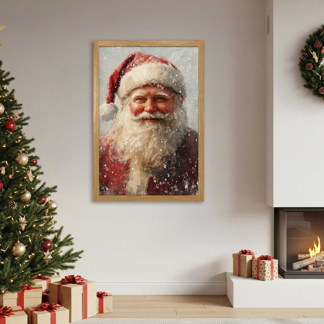Framed Poster featuring Santa Claus portrait in a warm, festive color palette. Perfect Christmas decor!