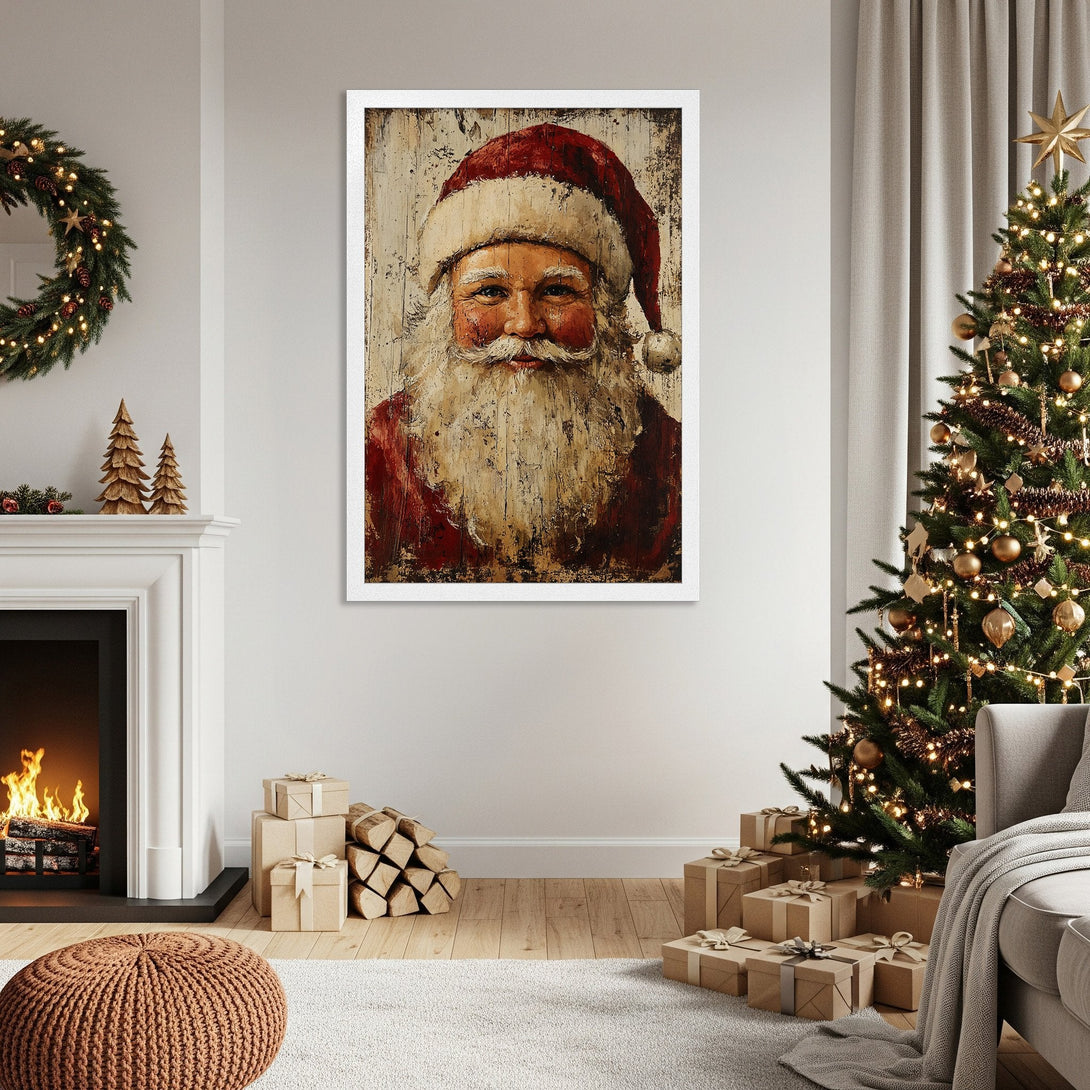 Framed Poster featuring Santa Claus, rustic style, with red and neutral color palette. Perfect Christmas decor!