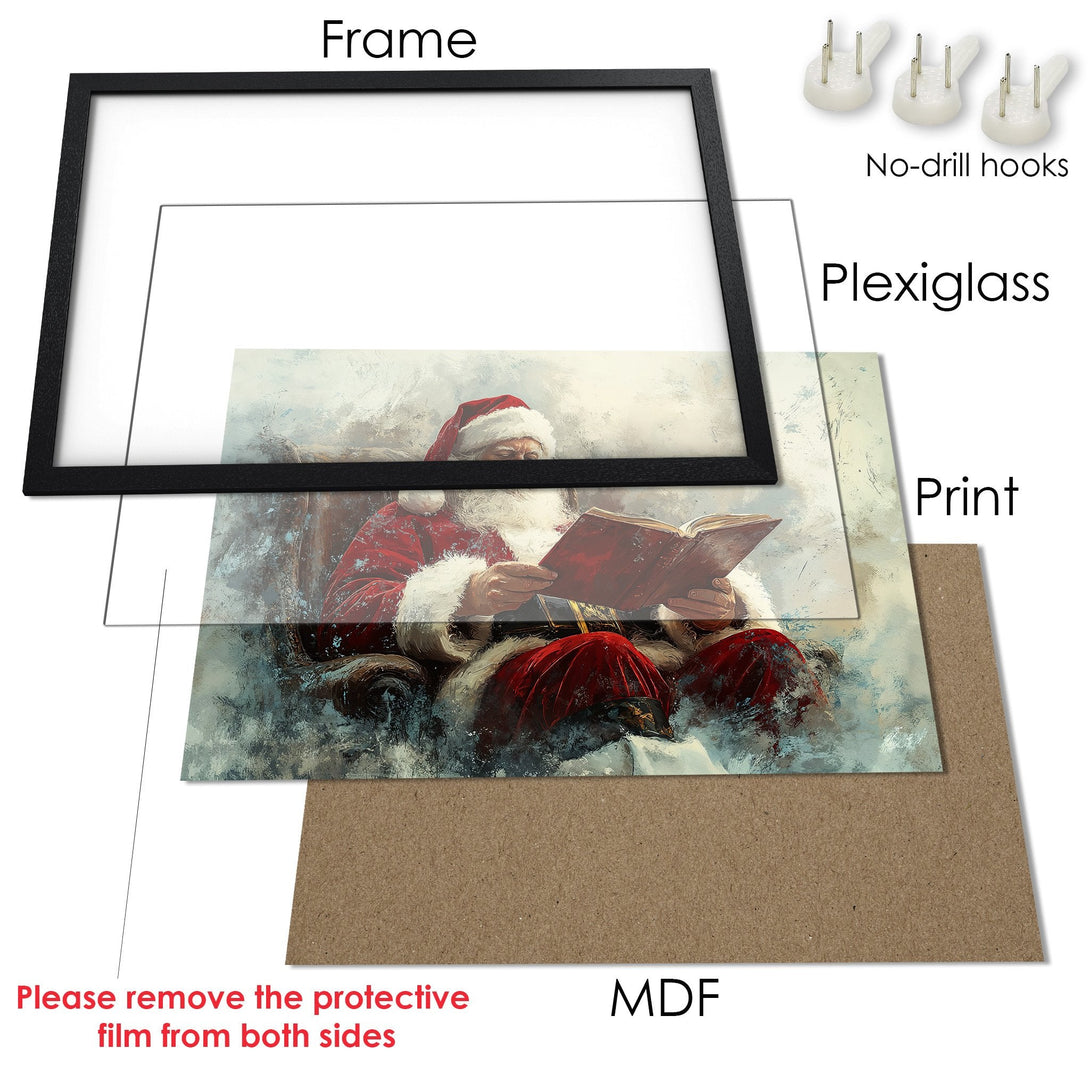 Framed Poster featuring Santa Claus reading a book, artistic style with red, white, and blue tones. Perfect holiday decor!