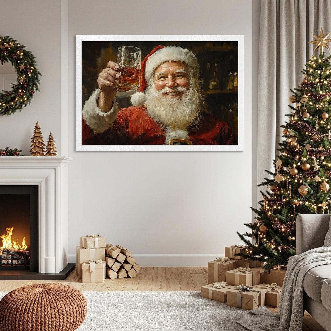 Framed Poster of Santa Claus toasting, warm color palette, perfect Christmas decor.