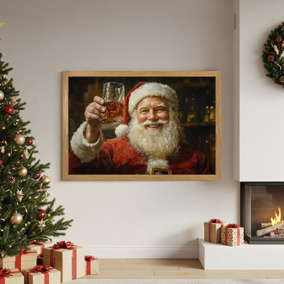 Framed Poster featuring Santa Claus, a jovial oil painting in warm red, gold, and brown tones, perfect Christmas decor.