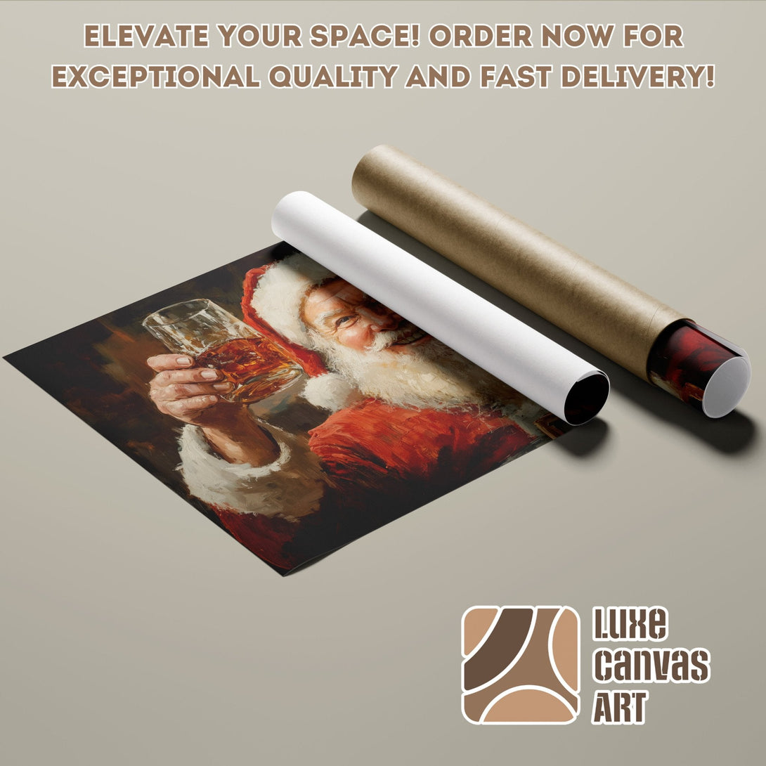 Santa Claus Poster Roll, oil painting style, warm red and brown tones, perfect holiday decor.