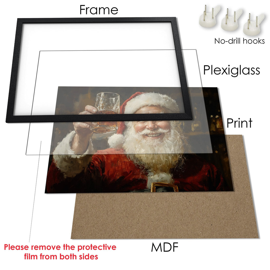Framed Poster featuring Santa Claus with a drink, warm colors, and a classic art style. Perfect holiday decor!