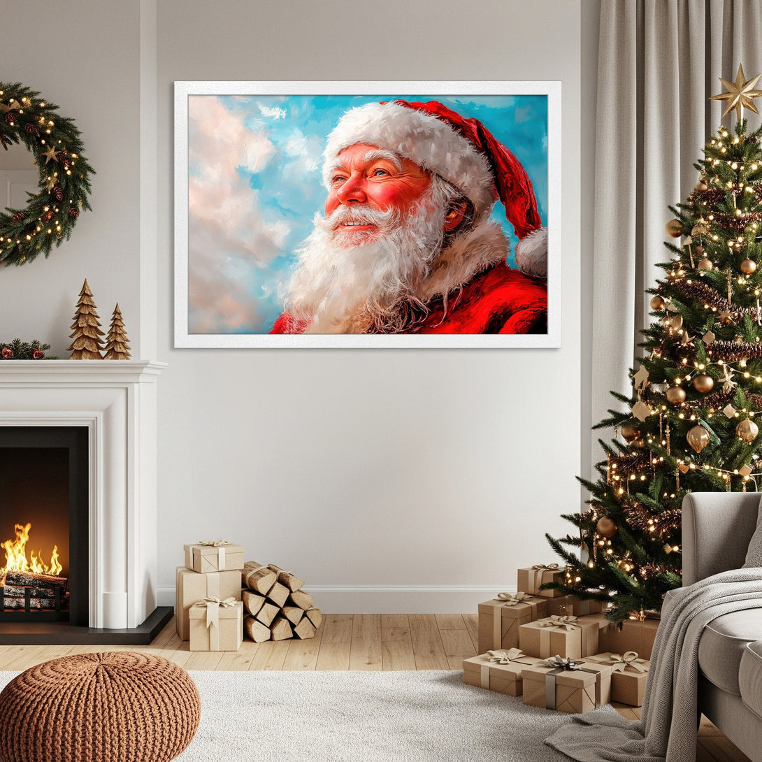 Framed Poster of Santa Claus, impressionistic style, red & blue palette, perfect for Christmas decor.