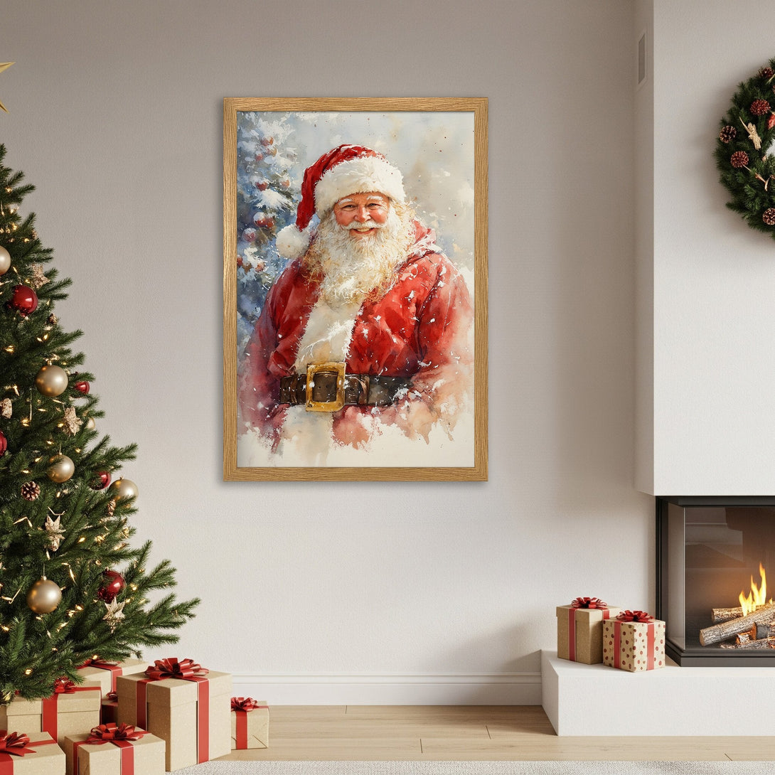 Framed Poster of Santa Claus in watercolor style, featuring red and white hues, perfect for Christmas decor.