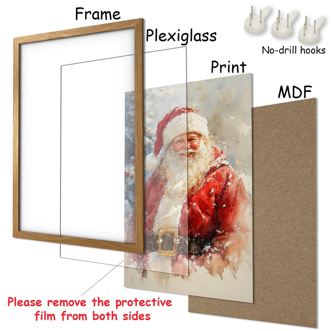 Framed Poster featuring Santa Claus in watercolor style, with a red and neutral color palette. Perfect Christmas decor!