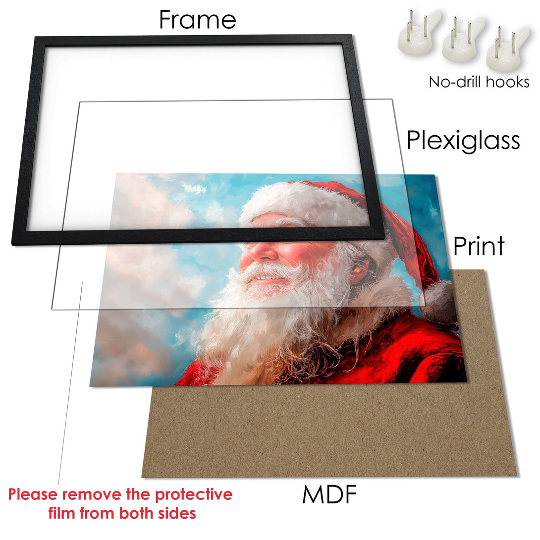 Framed Poster featuring Santa Claus art in a vibrant red, blue, and white color palette. Festive wall art for your home!