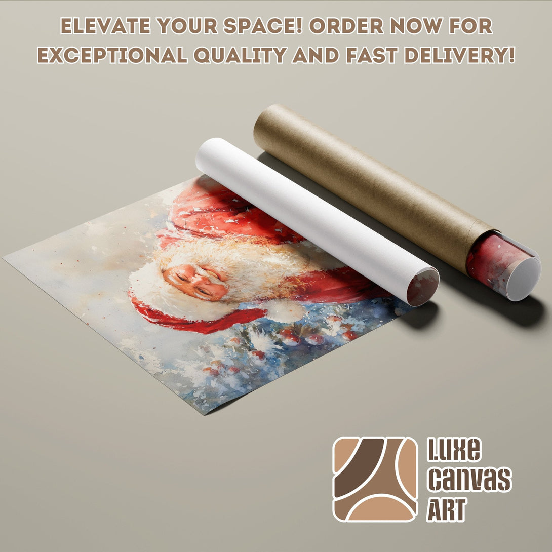 Santa Claus Poster Roll in watercolor style, red and blue color palette, perfect for Christmas decor.