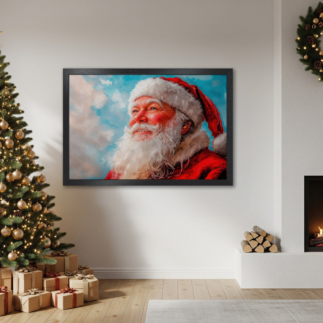 Framed Poster of Santa Claus, painted style, red & blue palette, perfect Christmas decor.