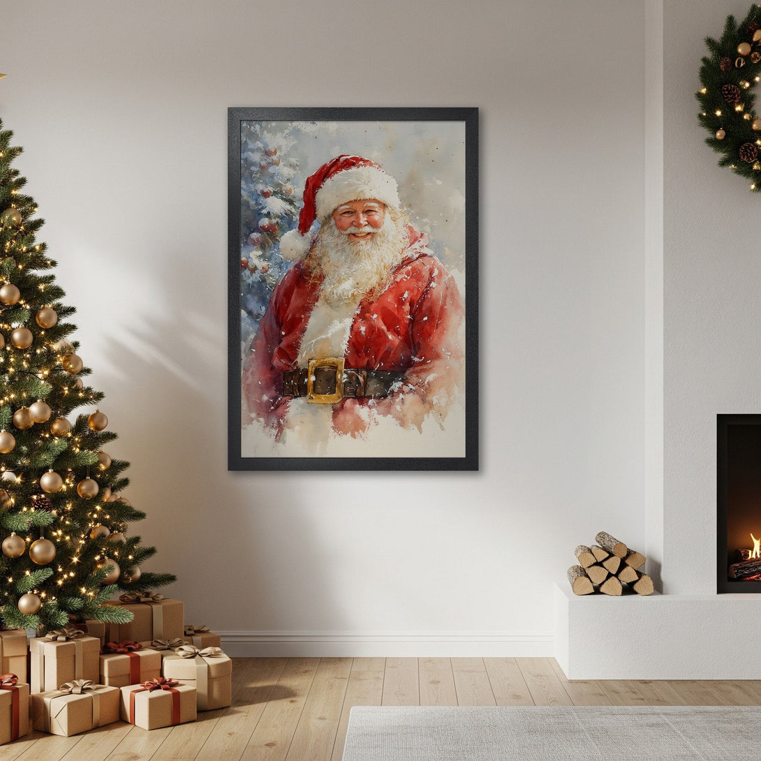 Framed Poster of Santa Claus watercolor art, red & white palette, perfect Christmas decor.