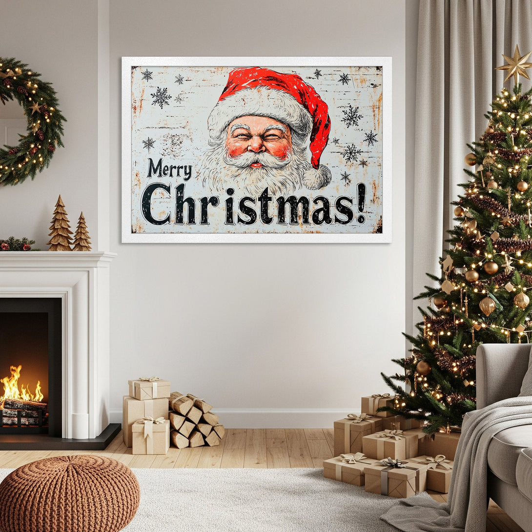 Framed Poster featuring Santa Claus with "Merry Christmas" in a rustic style, warm color palette. Perfect holiday decor!