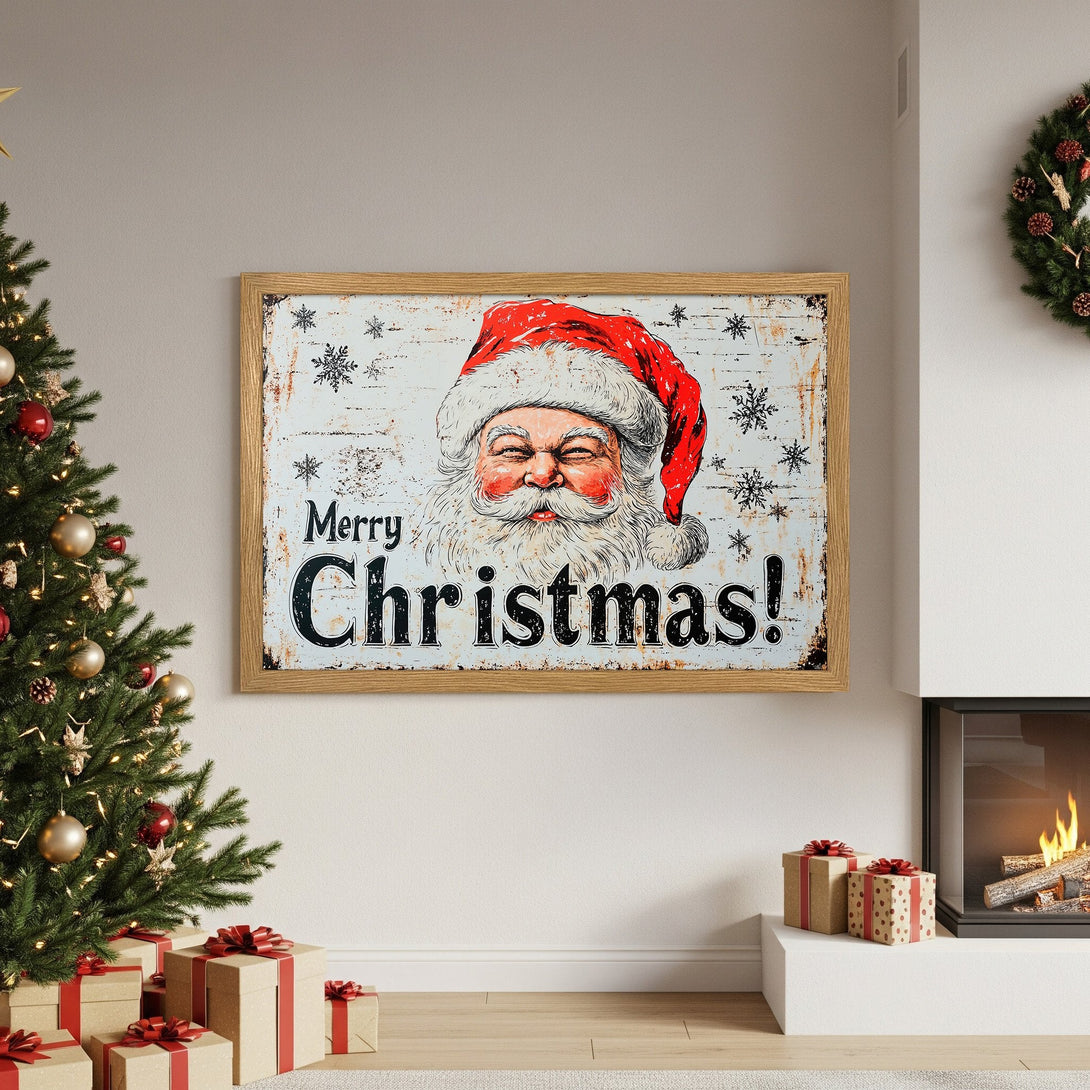 Framed Poster featuring Santa Claus, vintage style, red & white color palette, perfect for Christmas decor.
