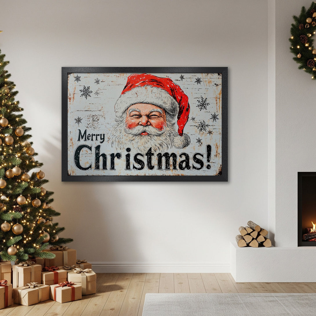 Framed Poster featuring Santa Claus with Merry Christmas text, vintage style, red and white color palette. Perfect Christmas decor!