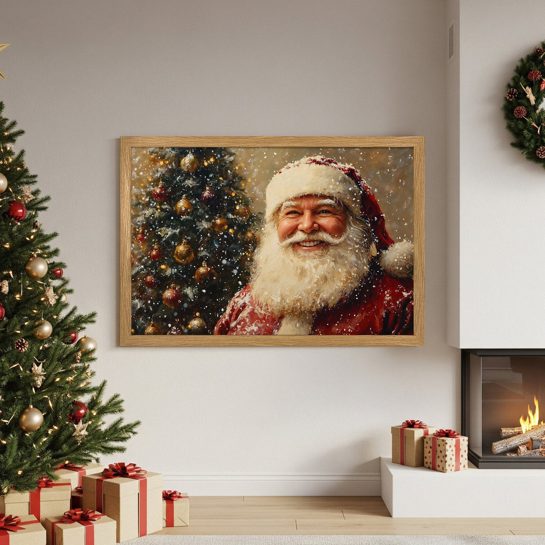 Framed Poster featuring Santa Claus, warm holiday art in red, gold, and beige tones. Perfect Christmas decor!