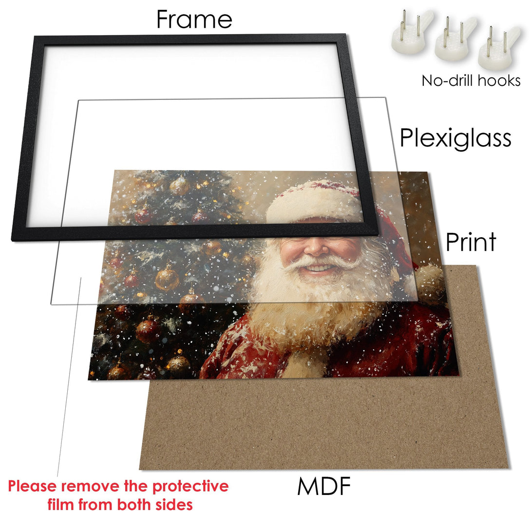 Framed Poster featuring Santa Claus, warm colors, artistic style. Perfect Christmas decor!