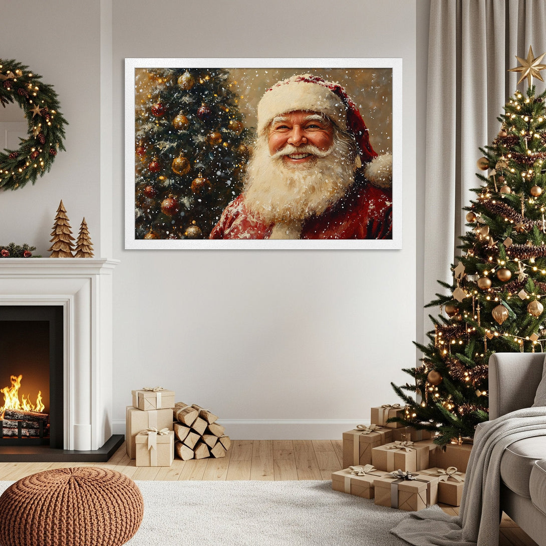 Framed Poster featuring Santa Claus in a warm, festive style with a red and gold color palette, perfect for Christmas decor!