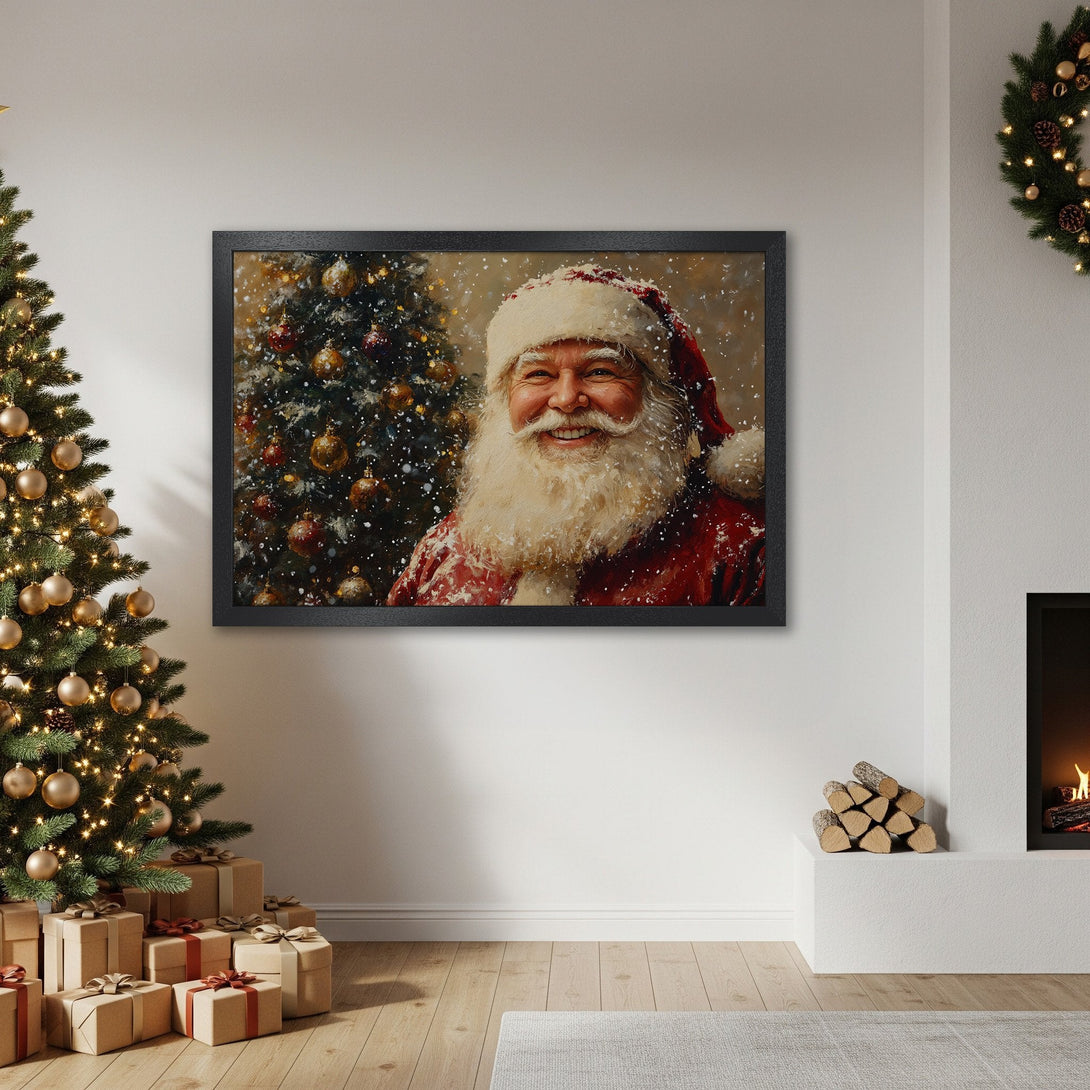 Framed Poster featuring Santa Claus with a Christmas tree background. Warm, festive color palette. Perfect holiday decor!