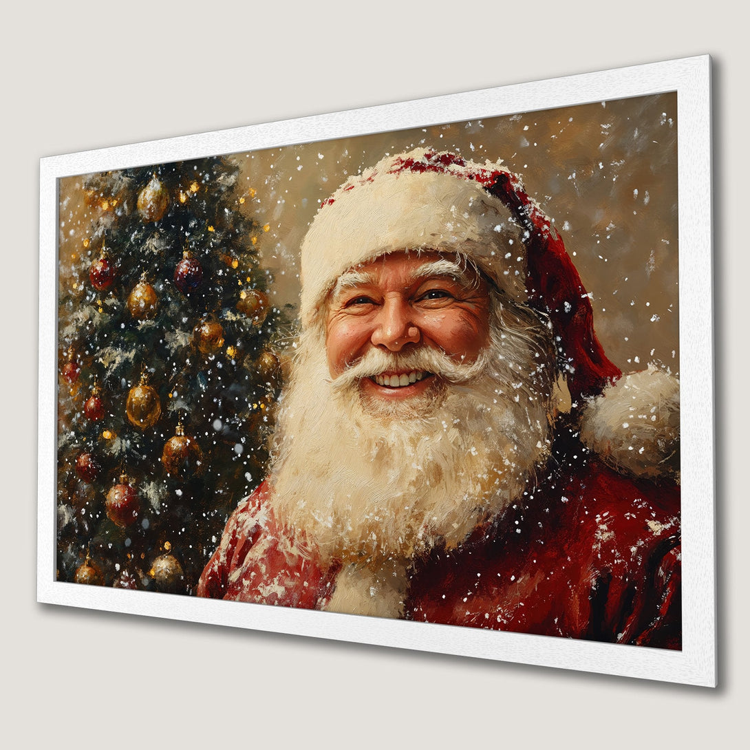 Framed Poster of Santa Claus smiling, painted style with red, gold, and beige color palette, perfect for Christmas decor.