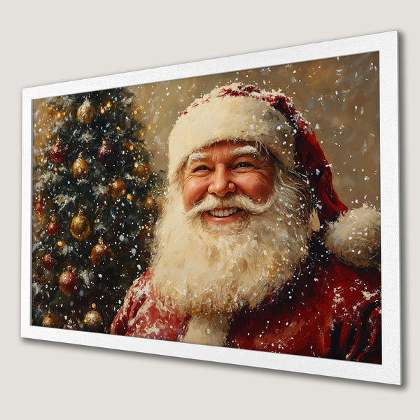 Framed Poster of Santa Claus smiling, painted style with red, gold, and beige color palette, perfect for Christmas decor.